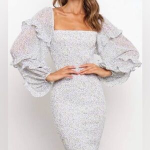 Petal And Pup Elegant White And Purple Midi Dress with Ruffle Sleeves